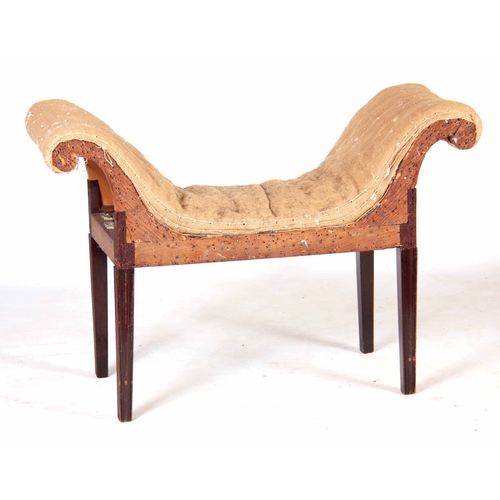 1014 - A GOOD GEORGE III MAHOGANY WINDOW SEAT with shaped upholstered seat and scrolled side arms; standing... 