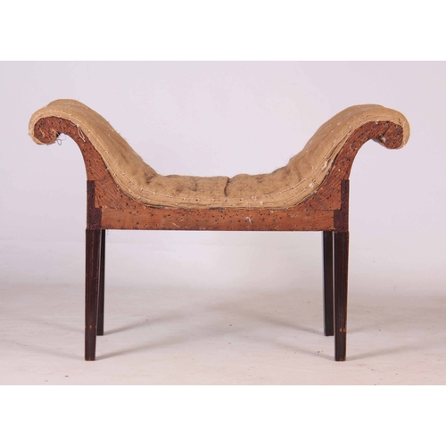 1014 - A GOOD GEORGE III MAHOGANY WINDOW SEAT with shaped upholstered seat and scrolled side arms; standing... 