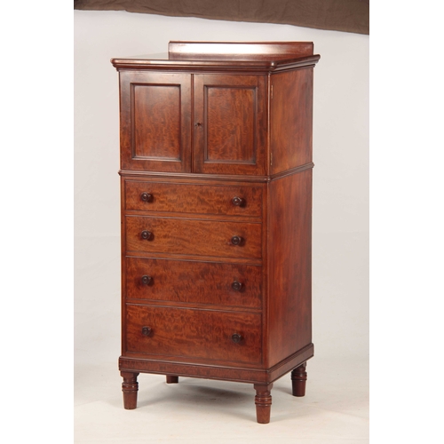 1016 - GILLOWS, LANCASTER. A FINE EARLY 19TH CENTURY FIDDLE-BACK MAHOGANY CABINET ON CHEST with hinged pane... 