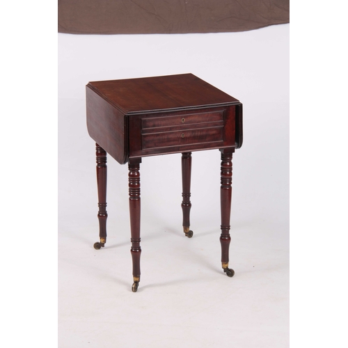 1023 - A WILLIAM IV MAHOGANY PEMBROKE / LAMP TABLE OF SMALL SIZE with hinged fall down sides and frieze dra... 