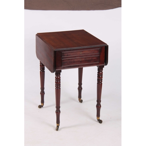 1023 - A WILLIAM IV MAHOGANY PEMBROKE / LAMP TABLE OF SMALL SIZE with hinged fall down sides and frieze dra... 