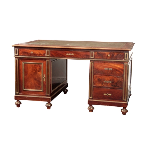 1026 - A LATE 19TH CENTURY FLAMED MAHOGANY FRENCH PARTNERS DESK the green leather top with gilt Greek key t... 