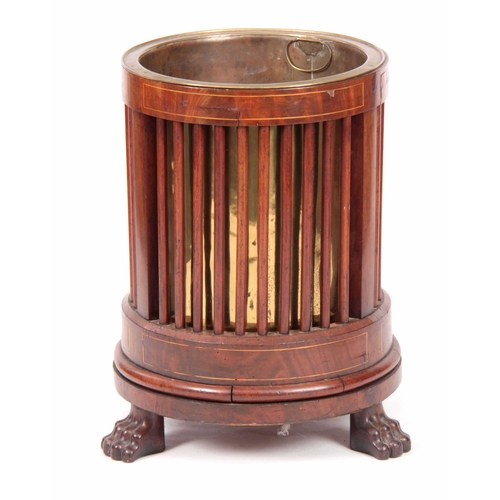 1027 - A GEORGE III FLAMED MAHOGANY AND BOXWOOD INLAID FRENCH BIEDAMIER STYLE CIRCULAR PLATE BUCKET / PLANT... 