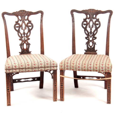 1028 - A PAIR OF GEORGE III CHIPPENDALE STYLE SIDE CHAIRS with elaborate pierced leaf carved backs, upholst... 