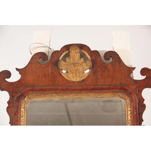 1032 - A GEORGE II WALNUT HANGING MIRROR with shaped fret cut surround having gilt carved crest and leaf wo... 