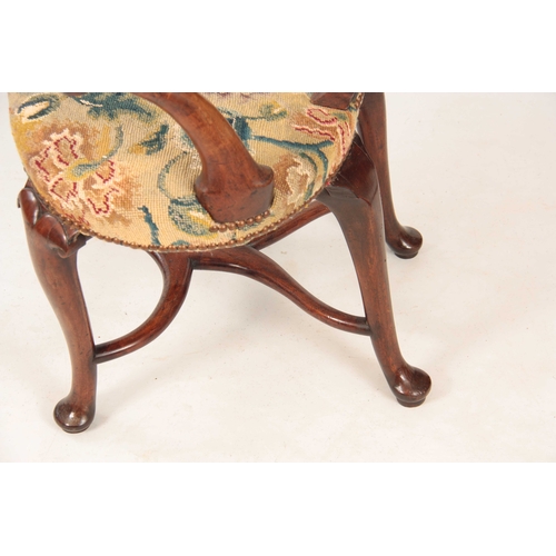 1033 - A GEORGE I WALNUT OPEN ARMCHAIR with solid vase-shaped splat back and shaped scrolled top rail, shep... 