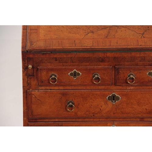 1037 - A QUEEN ANNE HERRING-BANDED BURR WALNUT BUREAU OF SMALL SIZE the angled fall with a stepped interior... 