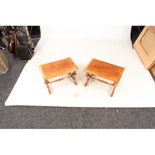 1052 - A PAIR OF MINIATURE WALNUT OCCASIONAL TABLES IN THE MANER OF HOLLAND & SONS with moulded edge tops a... 