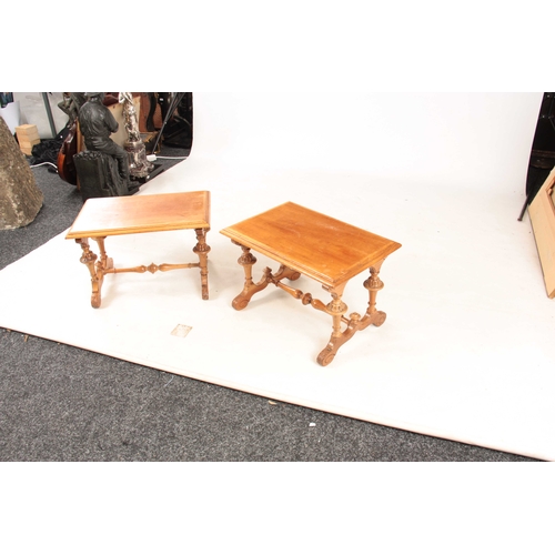 1052 - A PAIR OF MINIATURE WALNUT OCCASIONAL TABLES IN THE MANER OF HOLLAND & SONS with moulded edge tops a... 