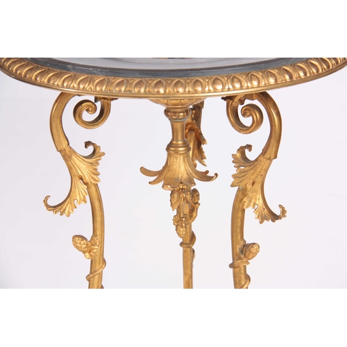 1055 - A STYLISH GILT BRONZE FRENCH CENTRE TABLE with dished grey veined marble top having a central cast p... 