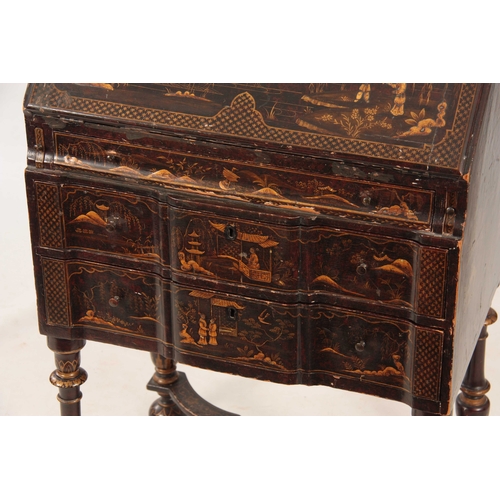 1059 - AN EDWARDIAN QUEEN ANNE STYLE CHINOISERIE LACQUERED BUREAU ON STAND the angled fall revealing a fitt... 