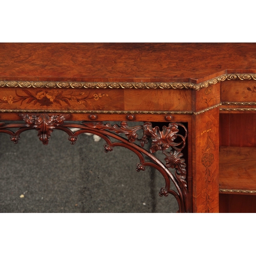 1061 - A FINE MID 19TH CENTURY BURR WALNUT AND FLORAL MARQUETRY ORMOLU MOUNTED BREAKFRONT OPEN BOOKCASE hav... 