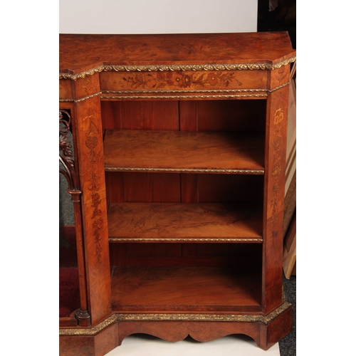 1061 - A FINE MID 19TH CENTURY BURR WALNUT AND FLORAL MARQUETRY ORMOLU MOUNTED BREAKFRONT OPEN BOOKCASE hav... 