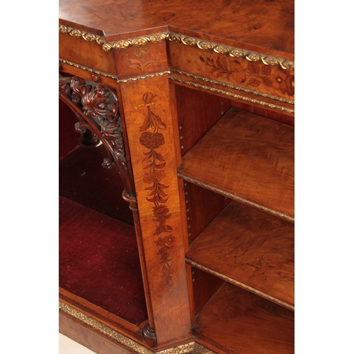 1061 - A FINE MID 19TH CENTURY BURR WALNUT AND FLORAL MARQUETRY ORMOLU MOUNTED BREAKFRONT OPEN BOOKCASE hav... 