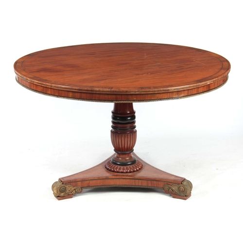 1063 - A REGENCY ROSEWOOD CROSS-BANDED AND BRASS INLAID FIGURED SATINWOOD CENTRE TABLE IN THE MANOR OF GILL... 