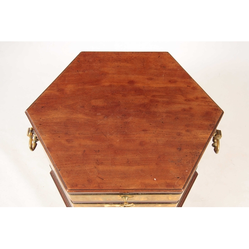 1065 - AN 18TH CENTURY FIGURED MAHOGANY BRASS BOUND HEXAGONAL SHAPED CELLARETTE ON STAND With hinged top re... 