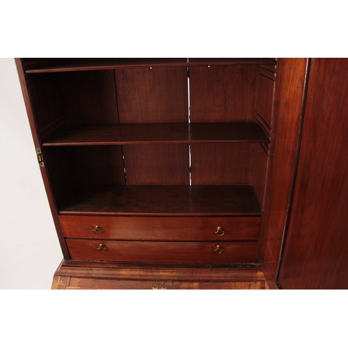 1069 - AN UNUSUAL QUEEN ANNE FIGURED WALNUT BUREAU BOOKCASE top mirrored door flanked by tapering reeded co... 