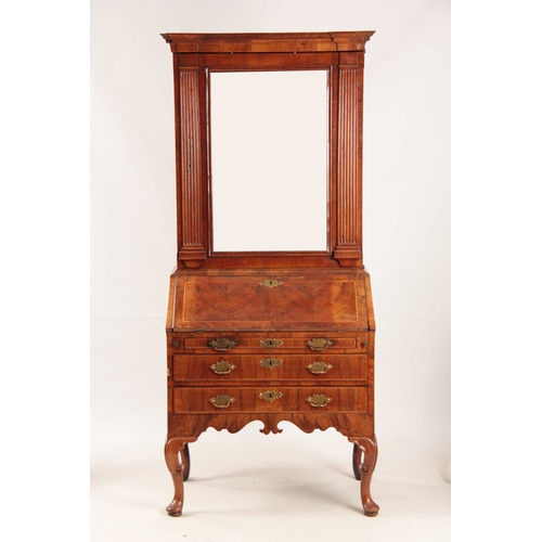 1069 - AN UNUSUAL QUEEN ANNE FIGURED WALNUT BUREAU BOOKCASE top mirrored door flanked by tapering reeded co... 