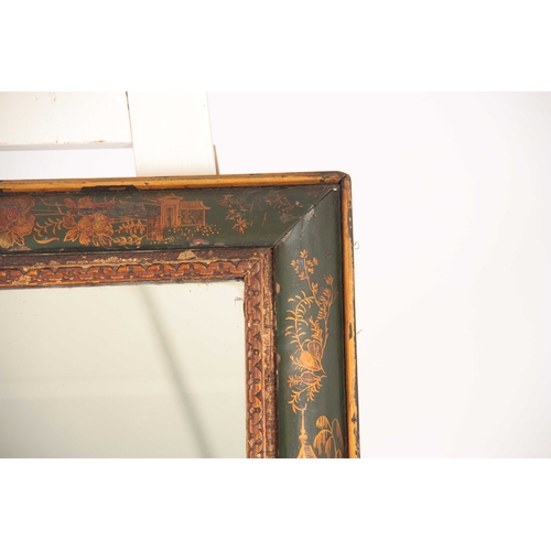 1073 - A LATE 19TH CENTURY GEORGIAN STYLE GREEN LAQUER CHINOSERIERE 'D' MOULDED HANGING MIRROR with cushion... 