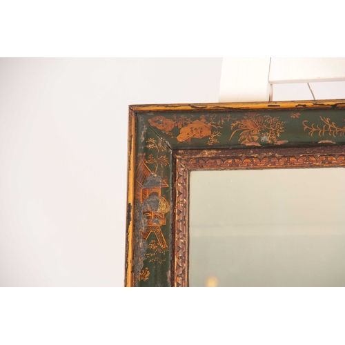 1073 - A LATE 19TH CENTURY GEORGIAN STYLE GREEN LAQUER CHINOSERIERE 'D' MOULDED HANGING MIRROR with cushion... 