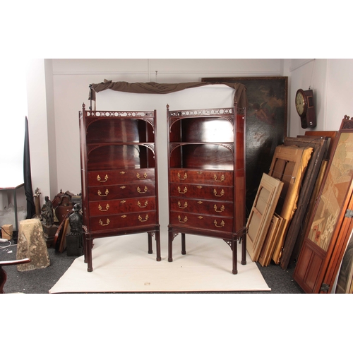 1074 - A PAIR OF 19TH CENTURY FIGURED MAHOGANY CHIPPENDALE STYLE SECRETAIRE WRITING CABINETS in the Chinese... 