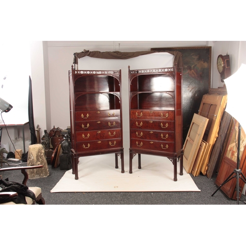 1074 - A PAIR OF 19TH CENTURY FIGURED MAHOGANY CHIPPENDALE STYLE SECRETAIRE WRITING CABINETS in the Chinese... 