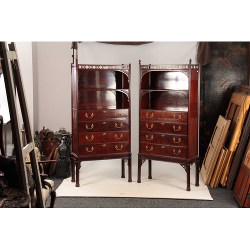 1074 - A PAIR OF 19TH CENTURY FIGURED MAHOGANY CHIPPENDALE STYLE SECRETAIRE WRITING CABINETS in the Chinese... 