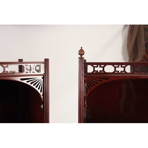 1074 - A PAIR OF 19TH CENTURY FIGURED MAHOGANY CHIPPENDALE STYLE SECRETAIRE WRITING CABINETS in the Chinese... 