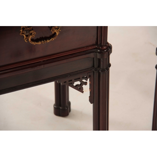 1074 - A PAIR OF 19TH CENTURY FIGURED MAHOGANY CHIPPENDALE STYLE SECRETAIRE WRITING CABINETS in the Chinese... 