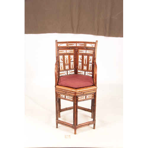 1075 - A 19TH CENTURY BRIGHTON PAVILION HEXAGON SHAPED BAMBOO ARMCHAIR  with stylised panelled back and can... 