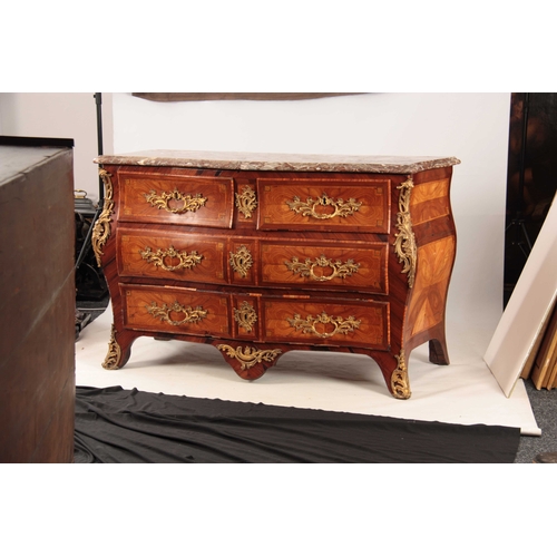 1081 - AN 18TH CENTURY FRENCH LOUIS XV ORMOLU MOUNTED KINGWOOD AND MARQUETRY BOMBE SHAPED SERPENTINE THREE ... 