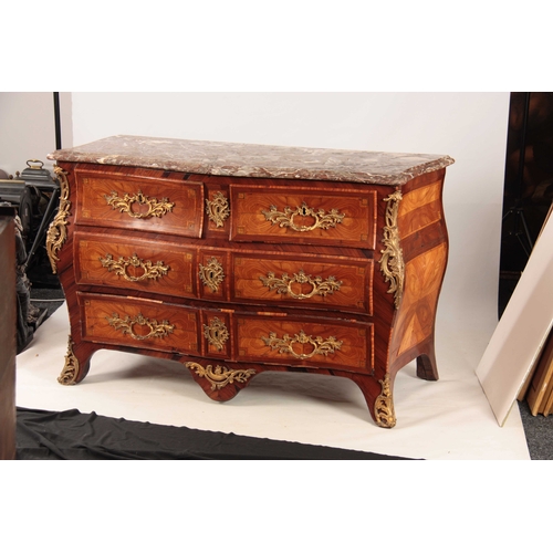 1081 - AN 18TH CENTURY FRENCH LOUIS XV ORMOLU MOUNTED KINGWOOD AND MARQUETRY BOMBE SHAPED SERPENTINE THREE ... 