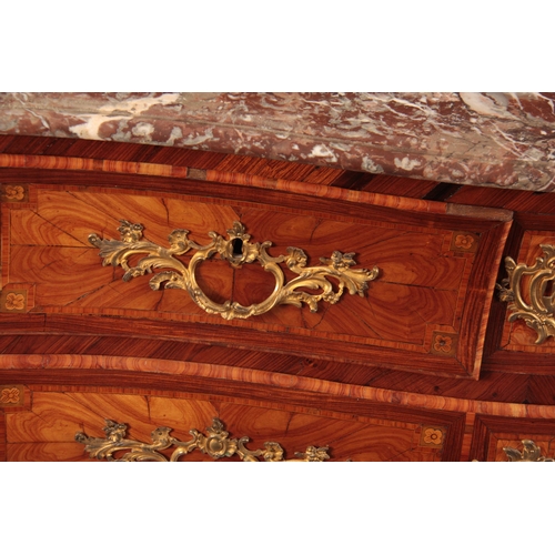 1081 - AN 18TH CENTURY FRENCH LOUIS XV ORMOLU MOUNTED KINGWOOD AND MARQUETRY BOMBE SHAPED SERPENTINE THREE ... 