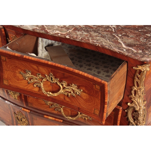 1081 - AN 18TH CENTURY FRENCH LOUIS XV ORMOLU MOUNTED KINGWOOD AND MARQUETRY BOMBE SHAPED SERPENTINE THREE ... 