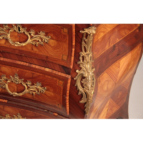 1081 - AN 18TH CENTURY FRENCH LOUIS XV ORMOLU MOUNTED KINGWOOD AND MARQUETRY BOMBE SHAPED SERPENTINE THREE ... 