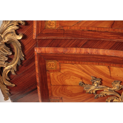 1081 - AN 18TH CENTURY FRENCH LOUIS XV ORMOLU MOUNTED KINGWOOD AND MARQUETRY BOMBE SHAPED SERPENTINE THREE ... 