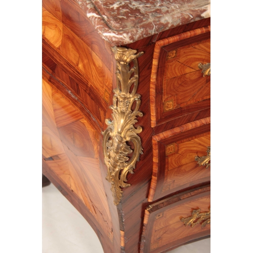 1081 - AN 18TH CENTURY FRENCH LOUIS XV ORMOLU MOUNTED KINGWOOD AND MARQUETRY BOMBE SHAPED SERPENTINE THREE ... 