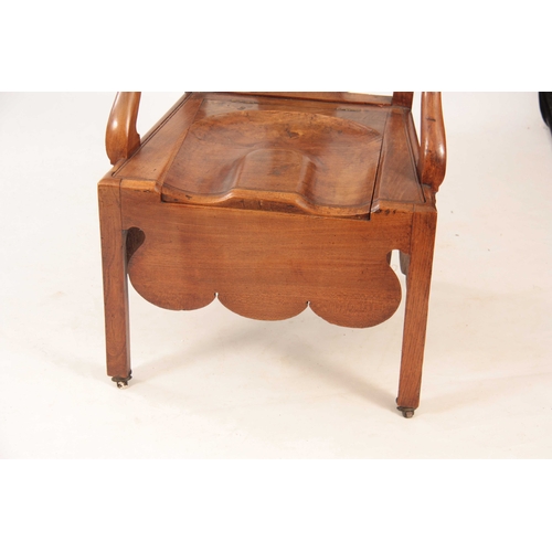 1092 - AN 18TH CENTURY COUNTRY MADE ELM CHIPPENDALE STYLE COMMODE ARMCHAIR with shaped top rail above a pie... 