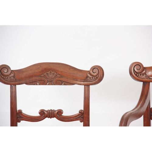 1095 - A GOOD SET OF EIGHT REGENCY POLLARD OAK SCOTTISH DINING CHAIRS with carved bar backs and turned leg ... 