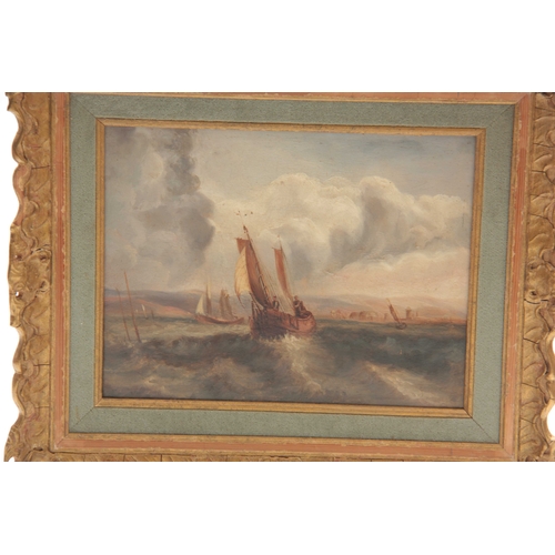 769 - A 19th CENTURY OIL ON PANEL. Seascape with fishing boats on a rough sea 20cm high, 26cm wide - mount... 