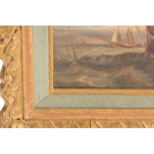 769 - A 19th CENTURY OIL ON PANEL. Seascape with fishing boats on a rough sea 20cm high, 26cm wide - mount... 