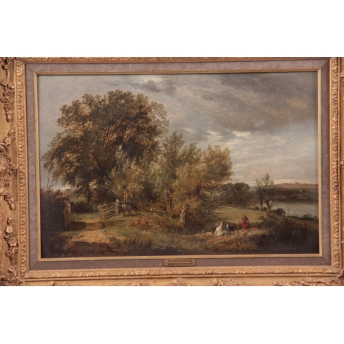 772 - GEORGE AUGUSTUS WILLIAMS 1814 - 1901. OIL ON CANVAS. Figures resting by a lake, titled 'Near Henley-... 