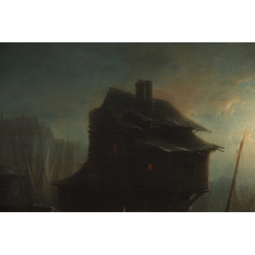 781 - A 19th CENTURY OIL ON CANVAS. European moonlit port scene 59cm high, 83cm wide - in gilt mouled fram... 