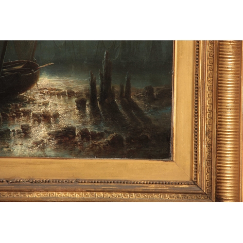 781 - A 19th CENTURY OIL ON CANVAS. European moonlit port scene 59cm high, 83cm wide - in gilt mouled fram... 