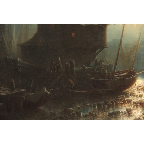 781 - A 19th CENTURY OIL ON CANVAS. European moonlit port scene 59cm high, 83cm wide - in gilt mouled fram... 