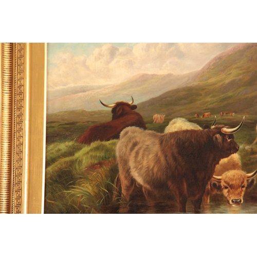 782 - HENRY DEACON HILLIER (1858-1930), OIL ON CANVAS depicting Highland cattle set in moorland - mounted ... 