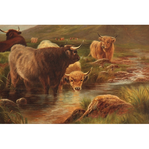 782 - HENRY DEACON HILLIER (1858-1930), OIL ON CANVAS depicting Highland cattle set in moorland - mounted ... 