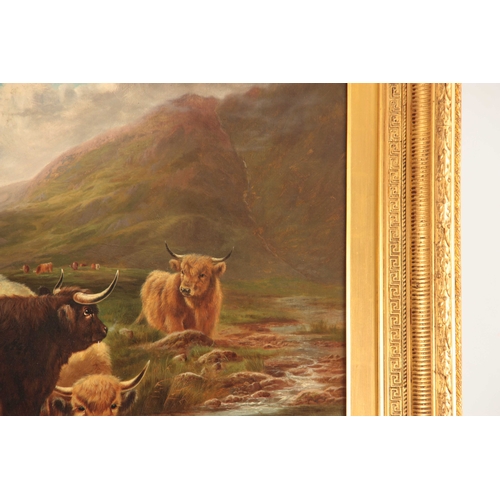 782 - HENRY DEACON HILLIER (1858-1930), OIL ON CANVAS depicting Highland cattle set in moorland - mounted ... 