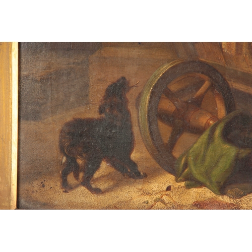 786 - A 19th CENTURY OIL ON CANVAS. Group of dogs in a barn setting. 58cm high, 67cm wide - indistinct sig... 