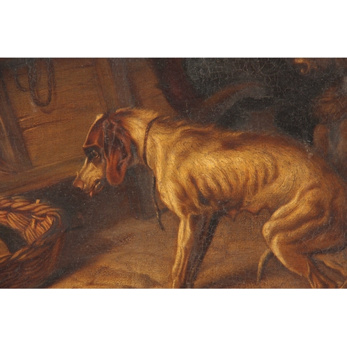 786 - A 19th CENTURY OIL ON CANVAS. Group of dogs in a barn setting. 58cm high, 67cm wide - indistinct sig... 